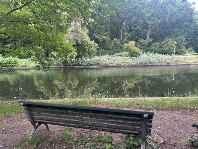 A bench sits in front of a river running through the verdant Tiergarten, Berlin's central park.  