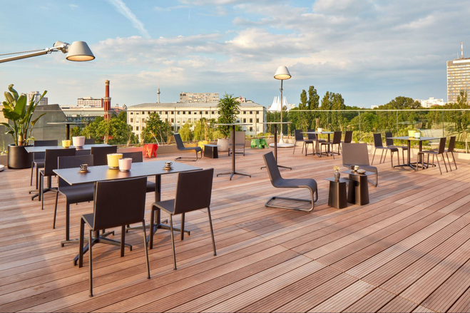 A sunny day on the modern-styled terrace of the Aletto Potsdamer Platz Hotel in Berlin. 