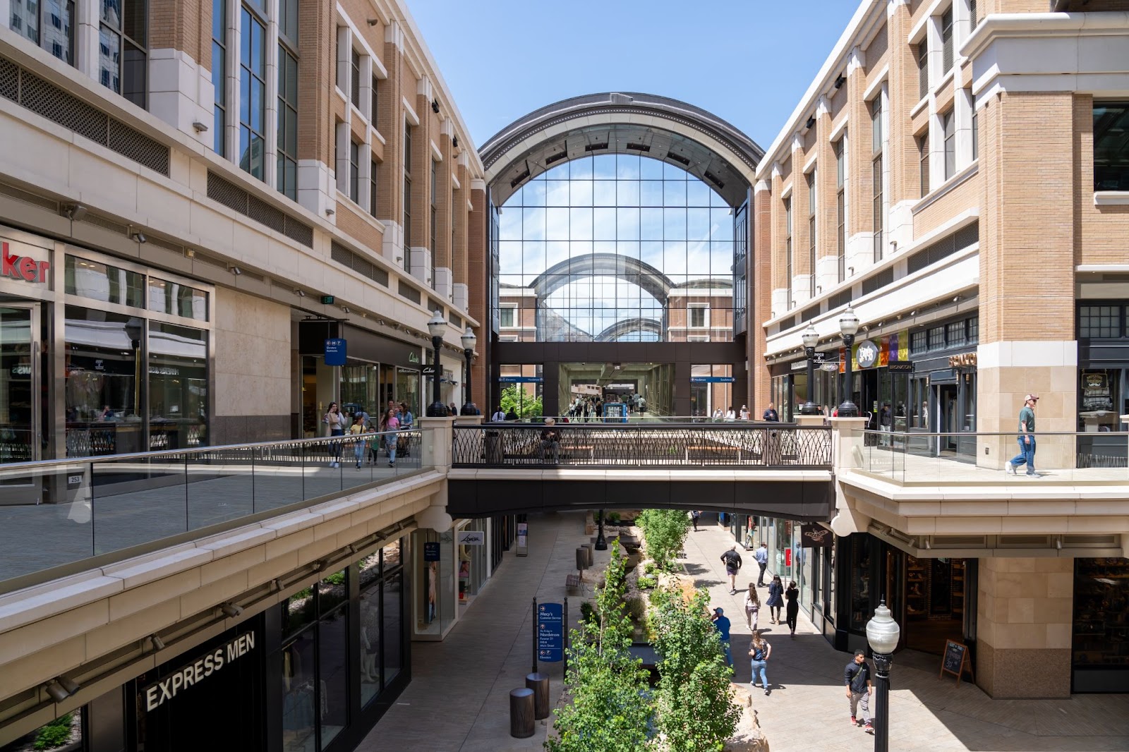 City Creek shopping center with blue skies revealed from a retractable roof in Salt Lake City