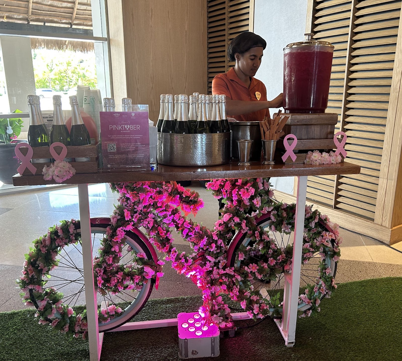The welcome drink station during Pinktober at the Hard Rock Hotel & Casino Punta Cana in the Dominican Republic,