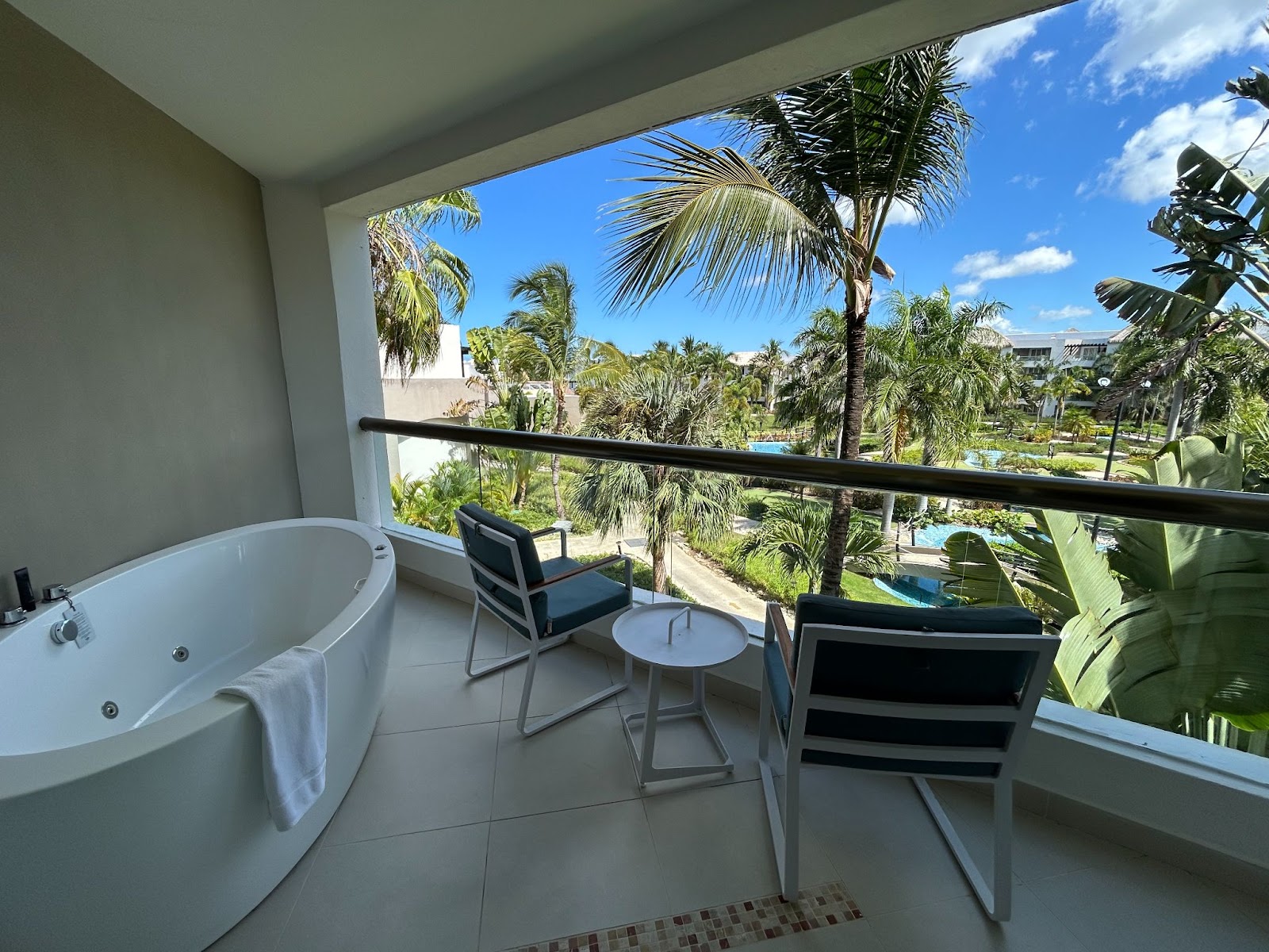 Hydro spa bathtube on the balcony of a guestroom at the Hard Rock all inclusive in Punta Cana