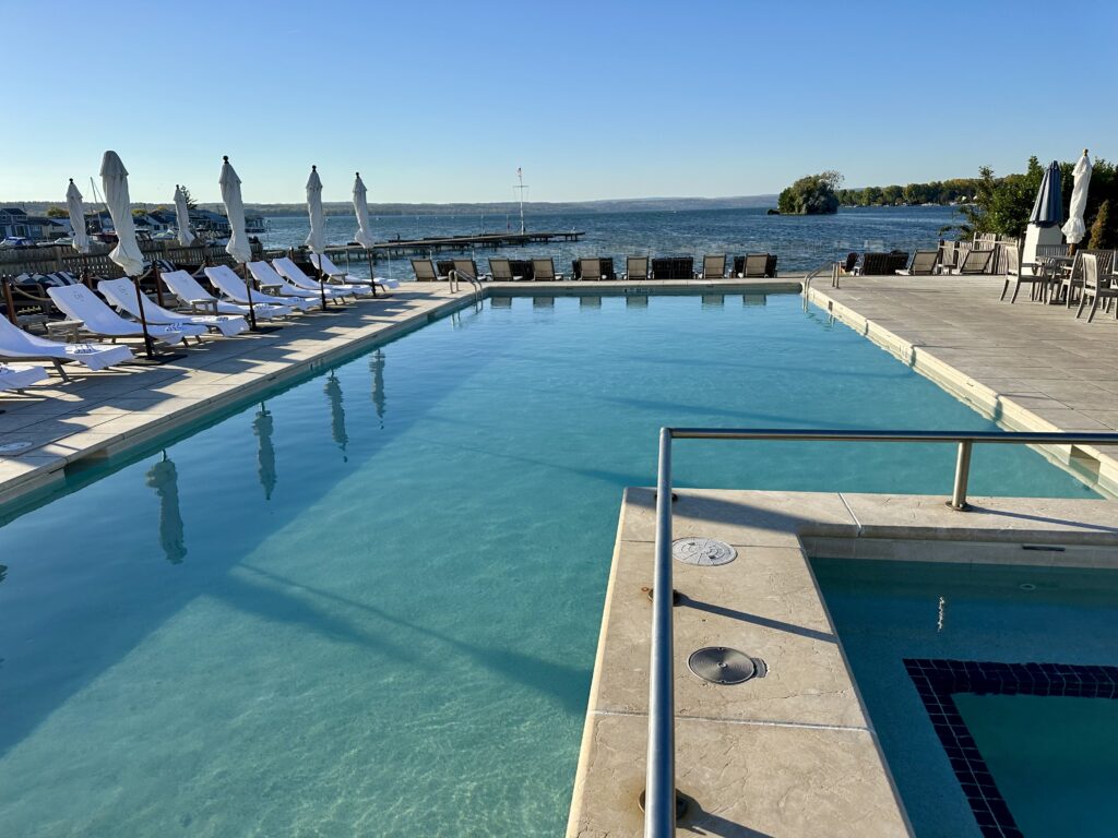 Outdoor heated swimming pool overlooking Canandaigua at the Lake House in New York's Finger Lakes