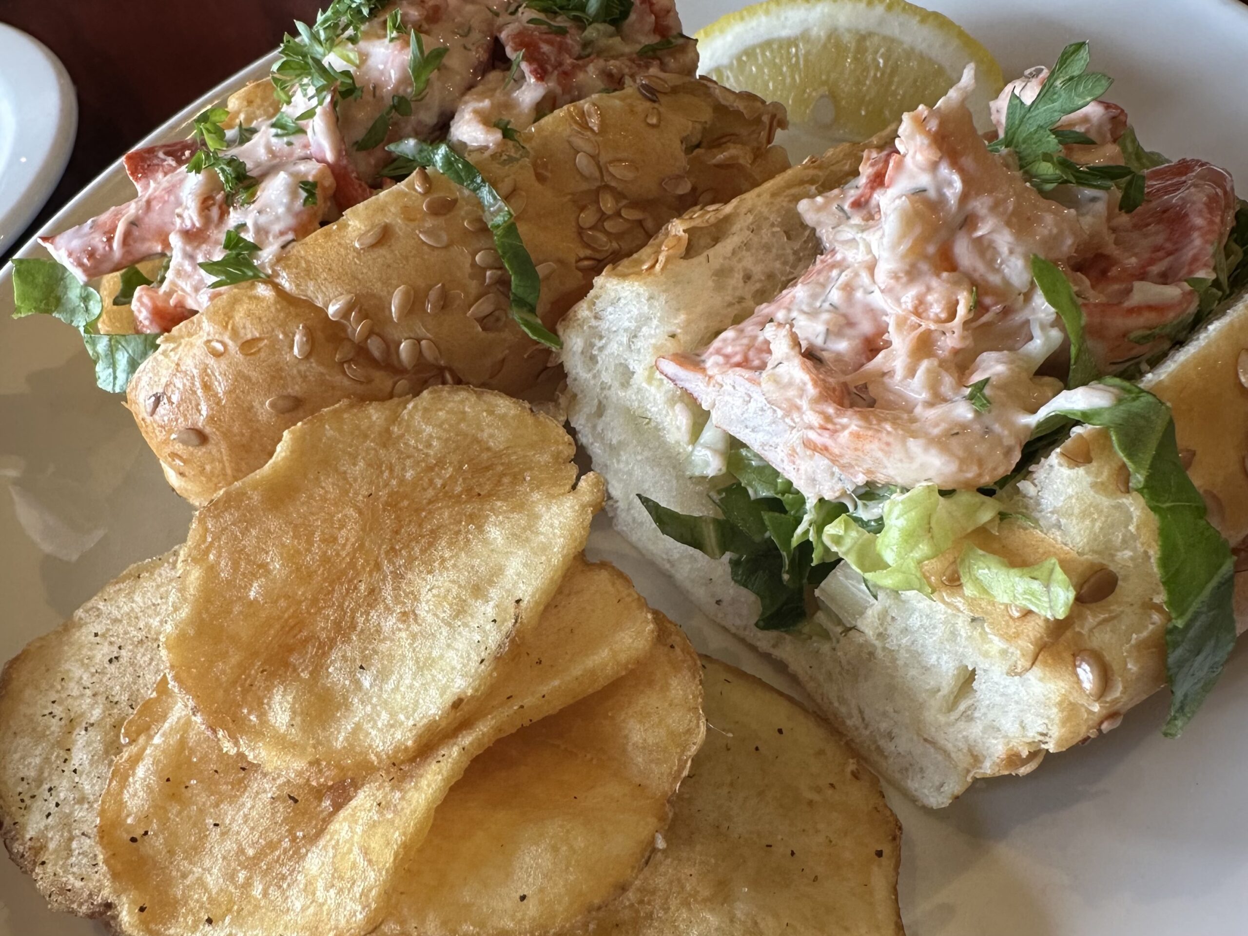 Lobster roll with homemade kettle chips at the Old Fish Factory in Lunenburg, Nova Scotia.