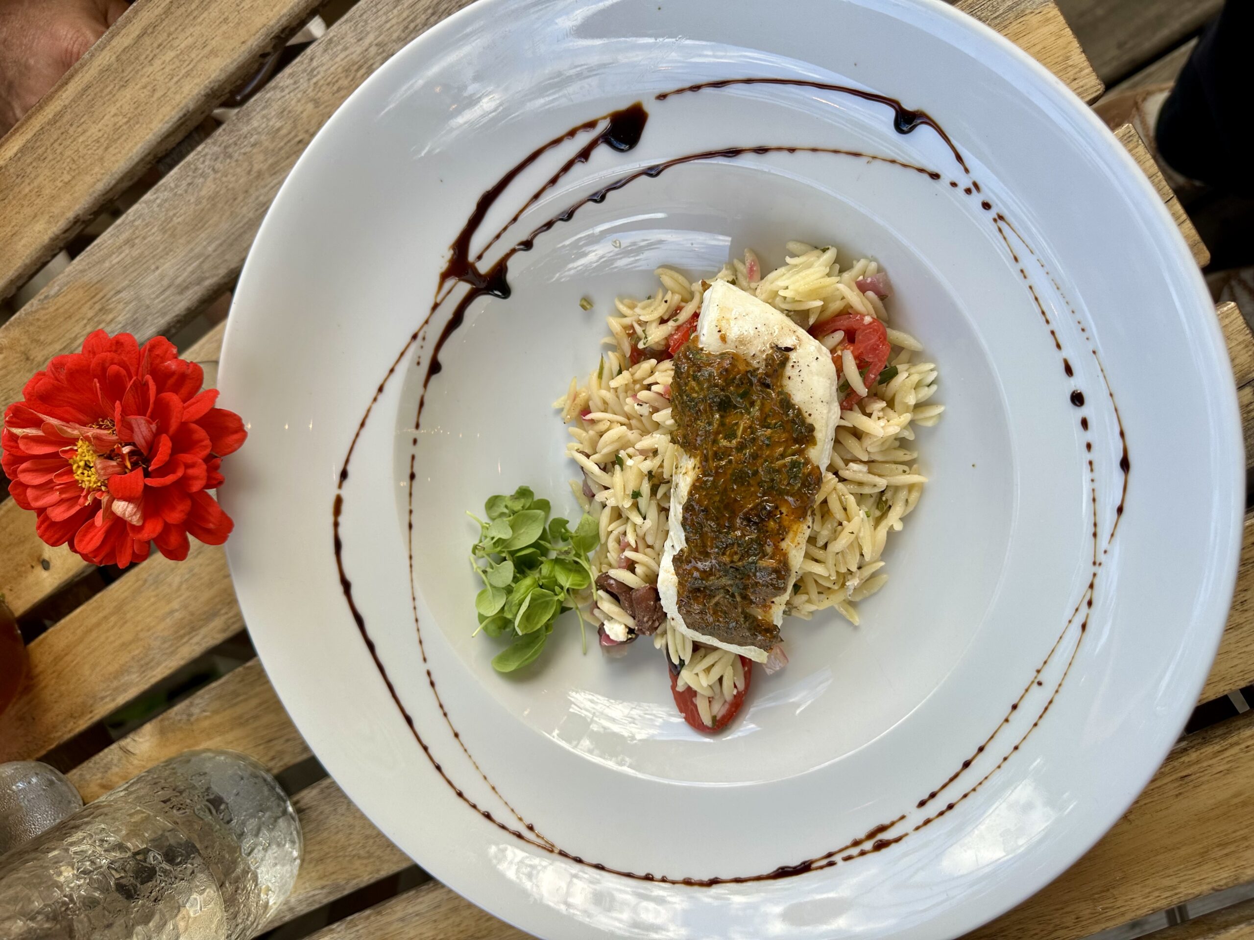 Halibut filet on a bed of orzo with micro greens at Mateus Bistro in Mahone Bay, a Nova Scotia Chowder Trail stop.