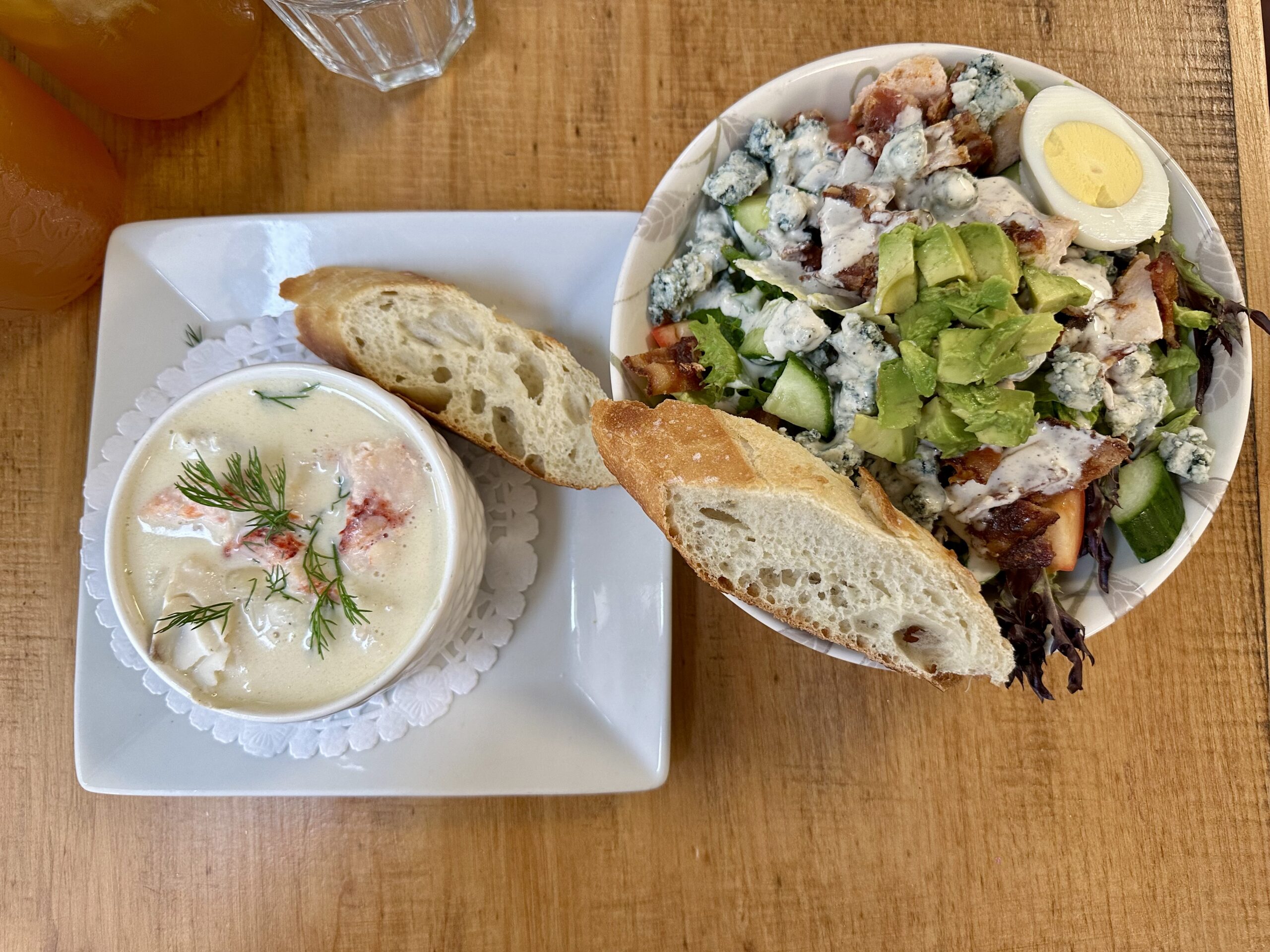 Lobster chowder with Cobb salad at Kiwi Cafe in Chester, a Chowder Trail road trip stop.
