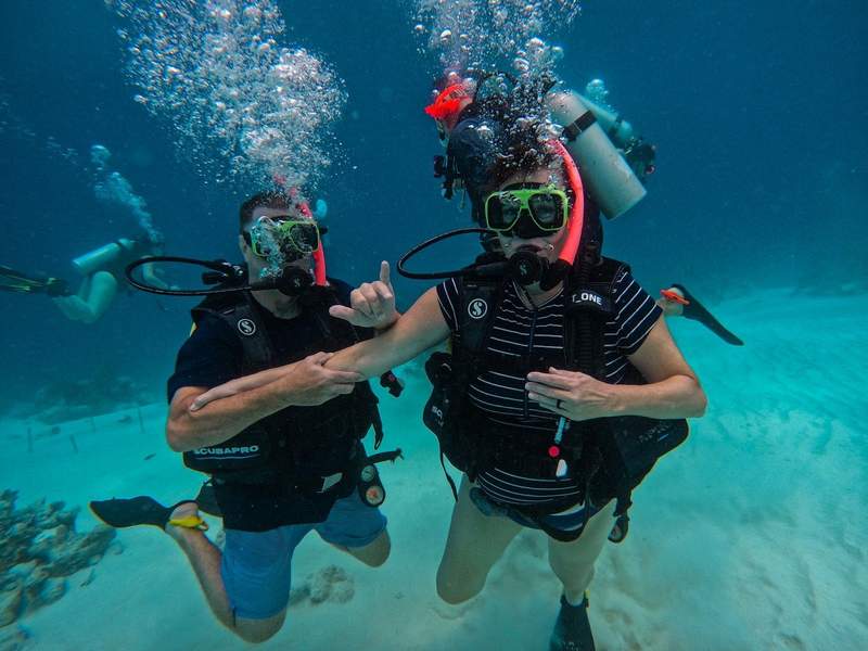 Couple scuba diving under water