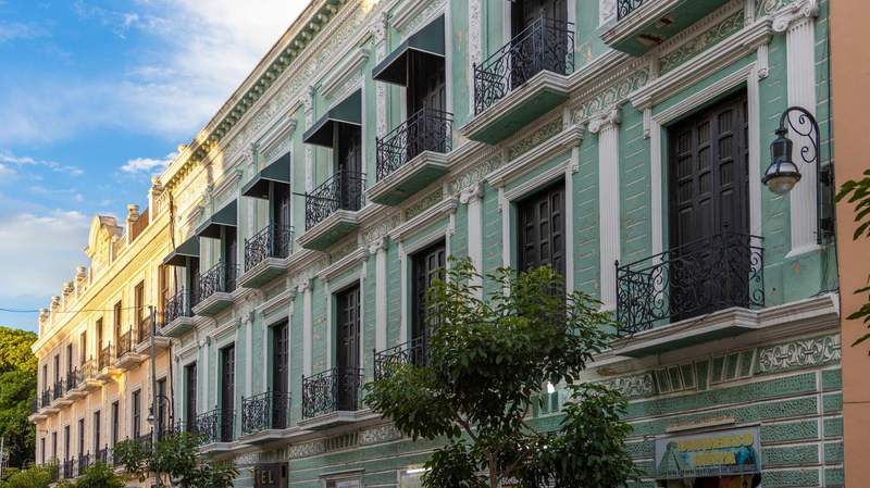 Colonial 3-story buildings in Merida's oldest neighborhood.