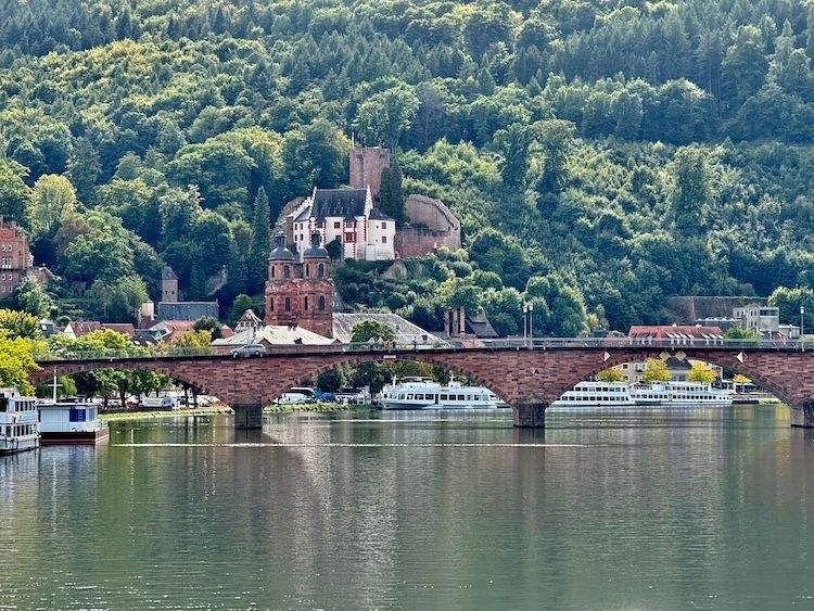 View of Miltenberg along the Main River, showing a bridge over the water and the medieval Mildenburg Castle rising above the town.