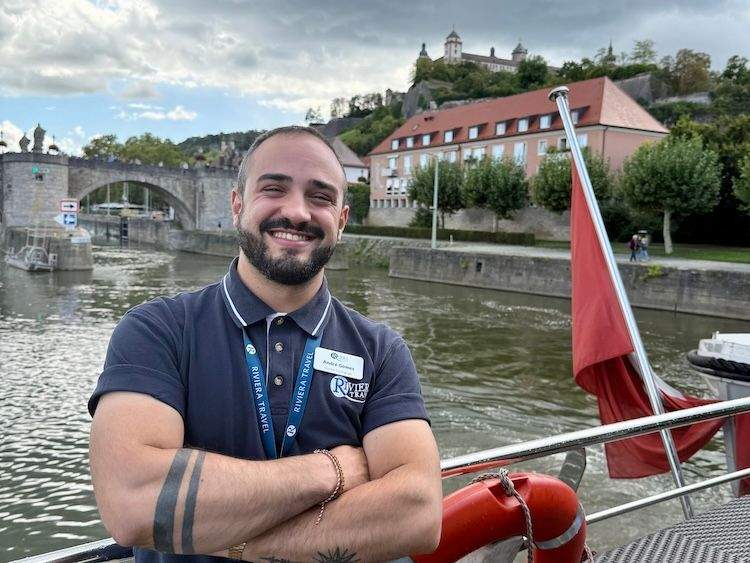 Andre Gomes at the back of the MS George Eliot as it leaves Würzburg on a river cruise.