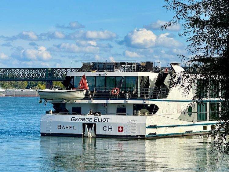 View of the stern of the MS George Eliot docked in Mainz at the end of a river cruise.