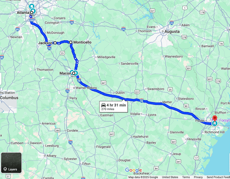 Google Maps view of road trip route from atlanta to savannah via macon.