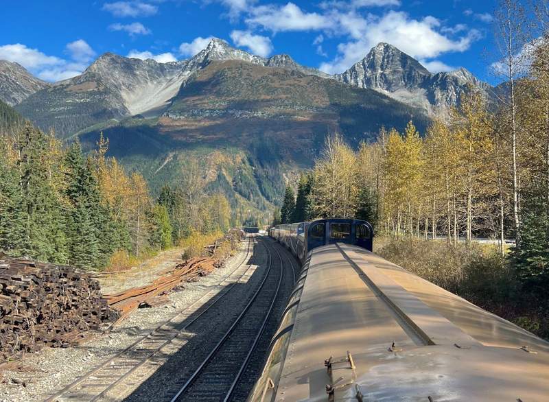 The Rocky Mountaineer travels through the Canadian Rockies, offering picture-perfect foliage and mountain views to guests.