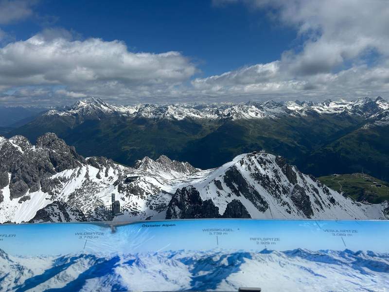 A panoramic view of the mountain peaks from the top of Valluga Mountain in the Austrian Alps.