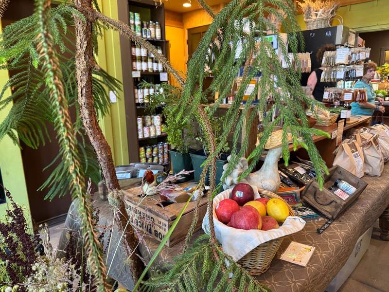 Farm store with neatly stacked products on shelves. Table with fresh fruit and other products and a decorative tree.