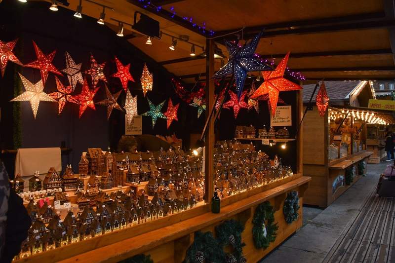 A Christmas stall with star lights  