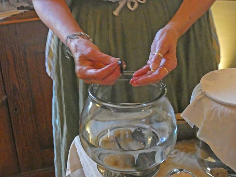 Woman holding a  leech over a bowl with other leeches in them that were used to draw blood from patients in colonial times.