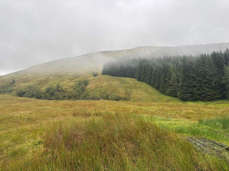 Green fields and hills, with clouds, in Scotland