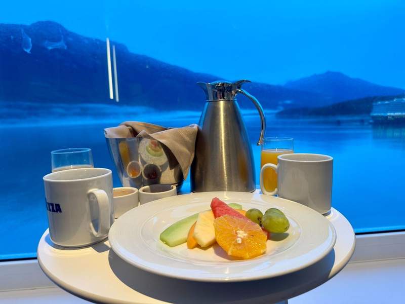 Tray with coffee urn, cups, fresh orange juice, pastry basket and fresh fruit sitting in front of a window with water and mountain views.