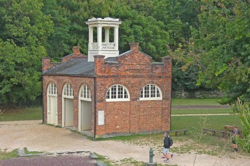 The red brick firehouse with three doors and a cupola where John Brown was captured.