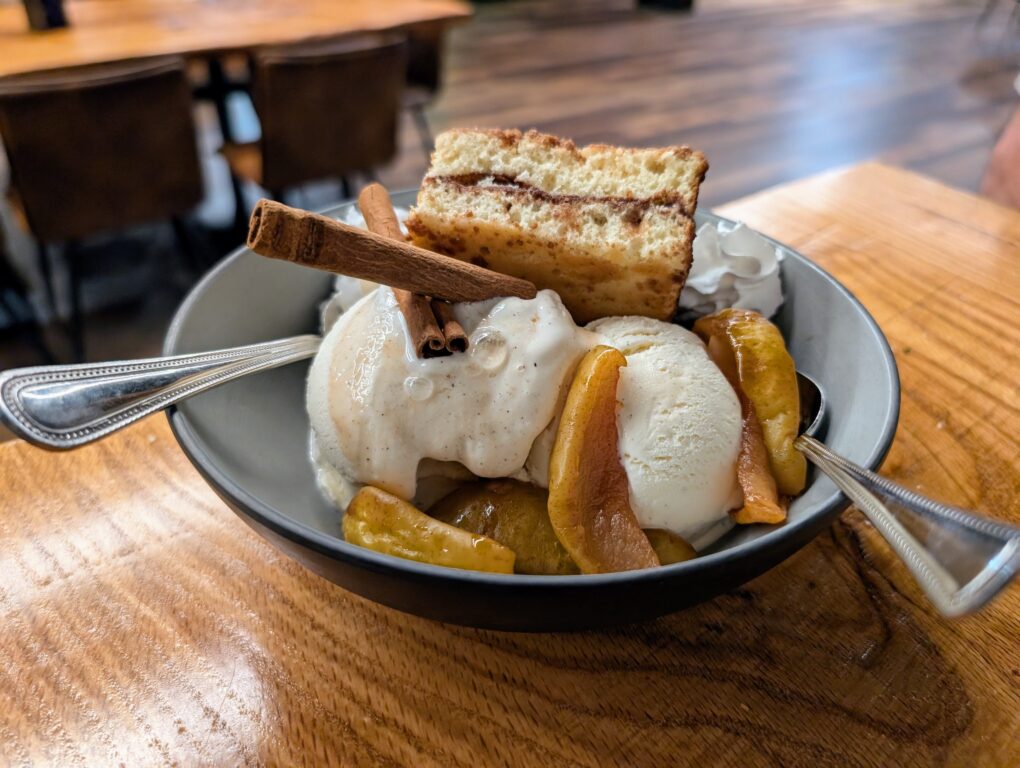 Ice cream, pear and cake dessert at Pinhouse Social in Fort Wayne Indiana