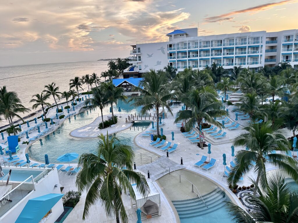 Aerial view of pools at Margaritaville Island Reserve Riviera Maya, an all-inclusive adults only in Mexico.