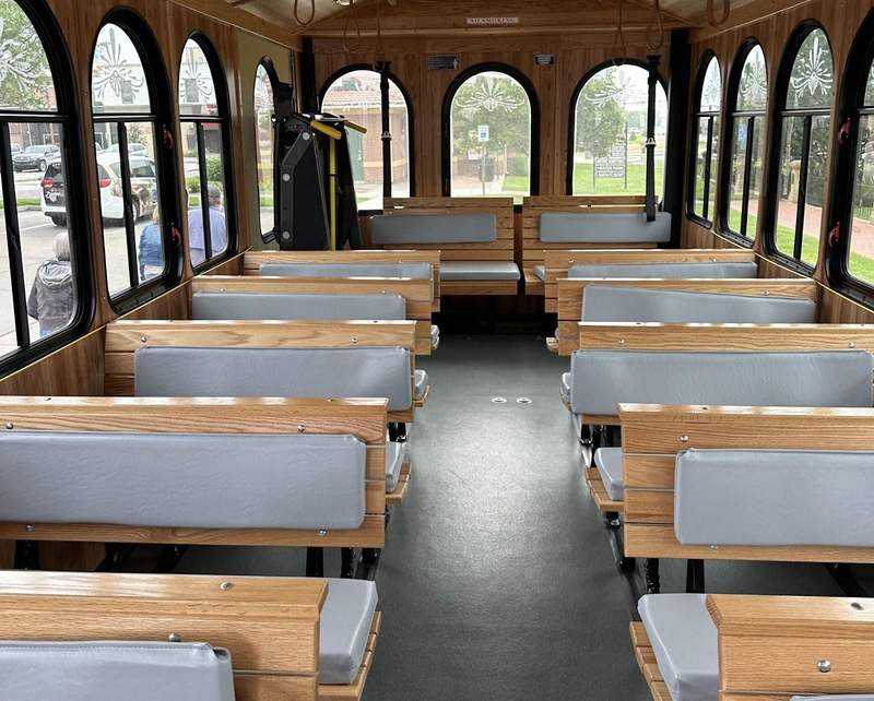 The inside of a trolley on the Kansas Gunsmoke Trail