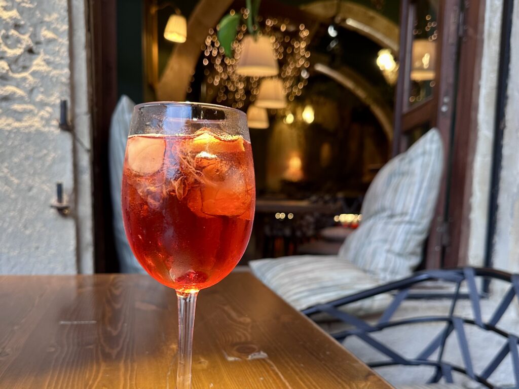 Aperol spritz on a bar table in Limassol, Cyprus.
