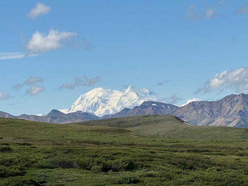 Green hills with a mountain range and Mount Denali which is the highest peak in North America
