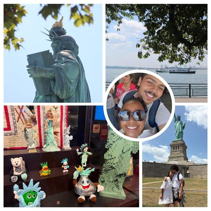 A collage of the author and partner at the Statue of Liberty, Liberty Museum and the ferry boat overlooking the city.