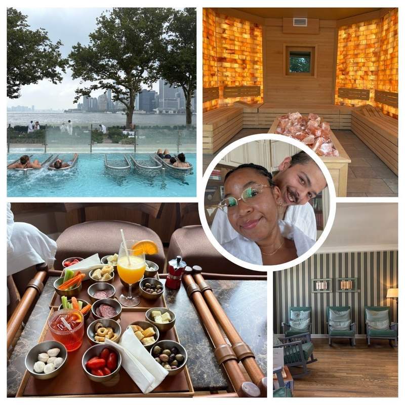 Collage of author and partner at the spa in robes. A pool with people lounging, a salt cave, and charcuterie board with snacks.