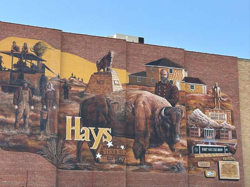 A mural in Hays that includes the famous Wild Bill Bison, a stop on the Kansas Gunsmoke Trail