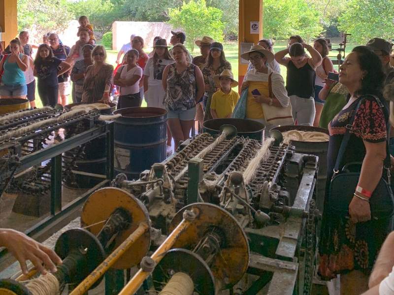 Group of people gazing at ancient machinery used to process henequen fiber.