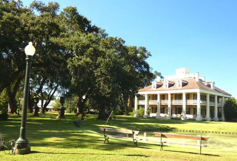 Plantation house with huge oak tree and lamppost in front lawn.