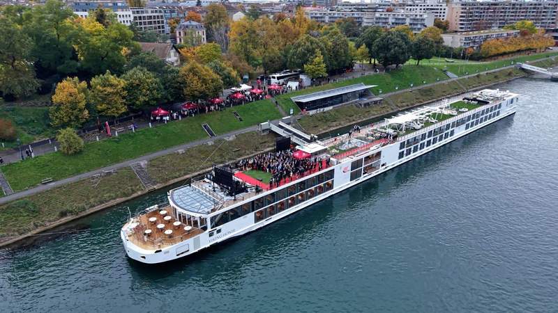Aerial view of Viking's newest river cruising ship, Viking Honir