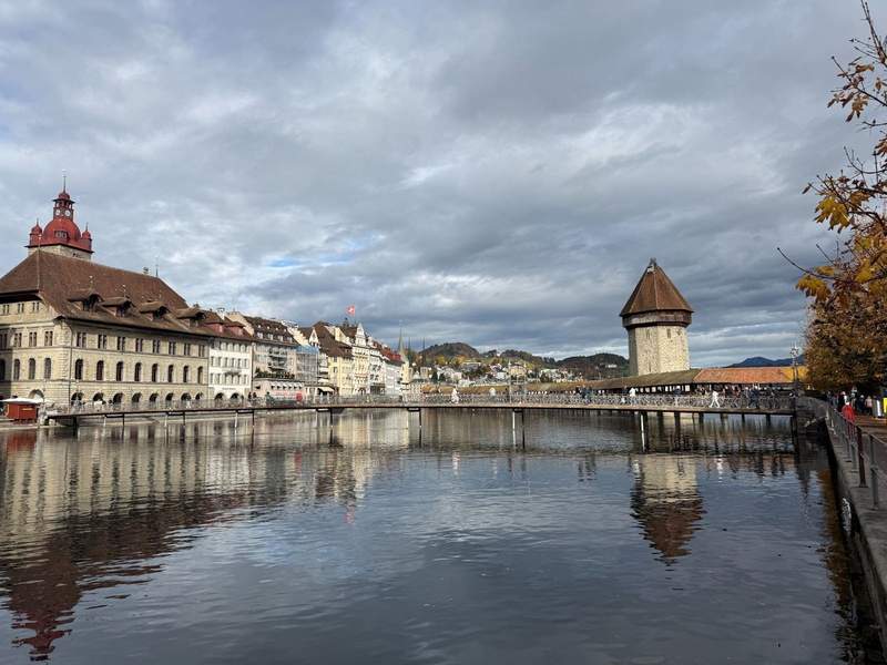 Reuss River, Chapel Bridge and tower in Lucerne.