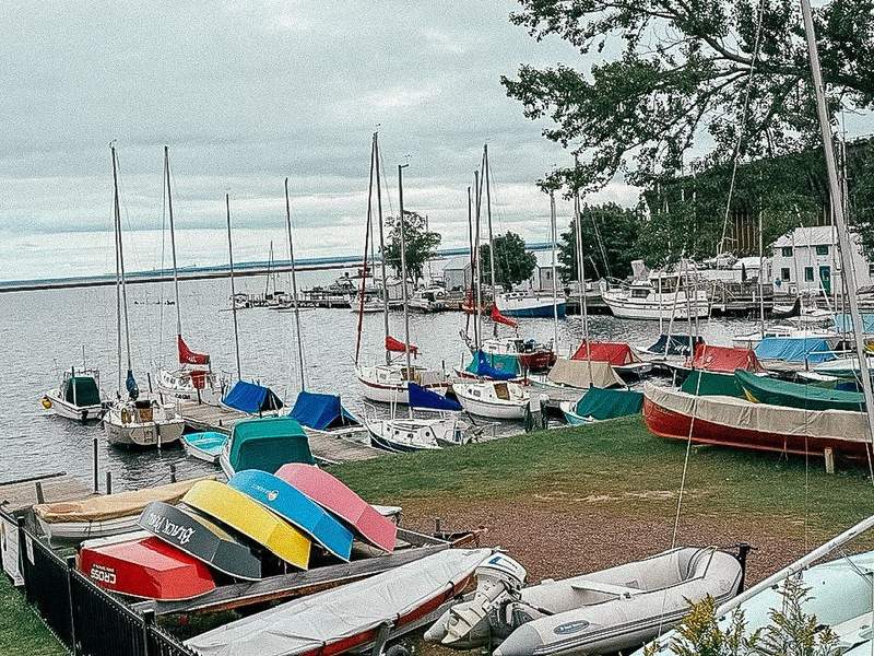 boats parked in Marquette's lower harbor