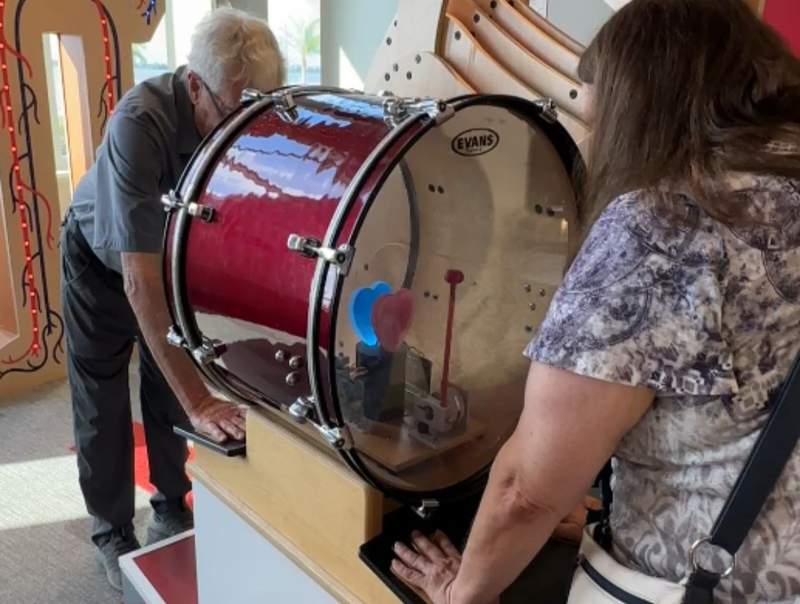 The sensors pick up your heartbeat and beats the drum which lights the circulatory system against the wall at Port Wonder Children's Museum in Lake Charles, LA.