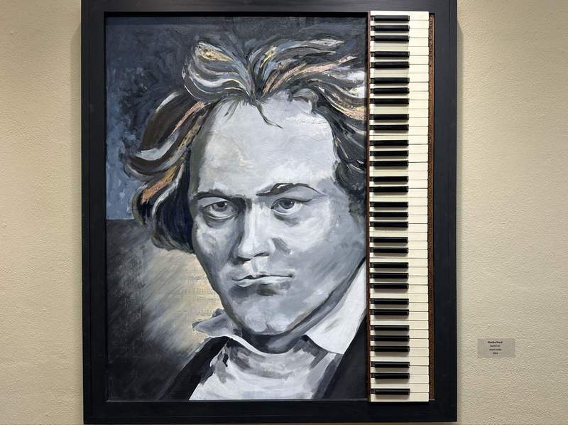 A mixed media portrait of Beethoven that includes real piano keys in the City Hall Arts and Cultural Center in Lake Charles, Louisiana.  