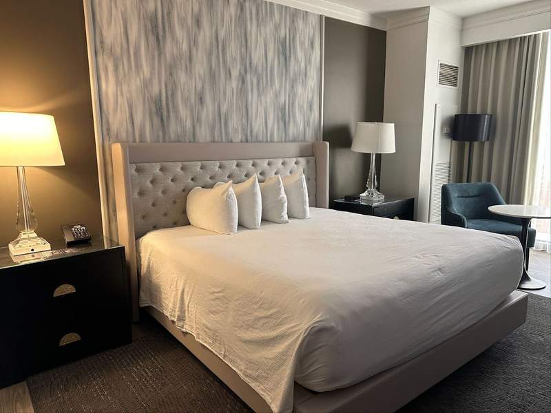 A king size bed in my room at L’Auberge du Lac Casino Resort in Lake Charles, LA. 