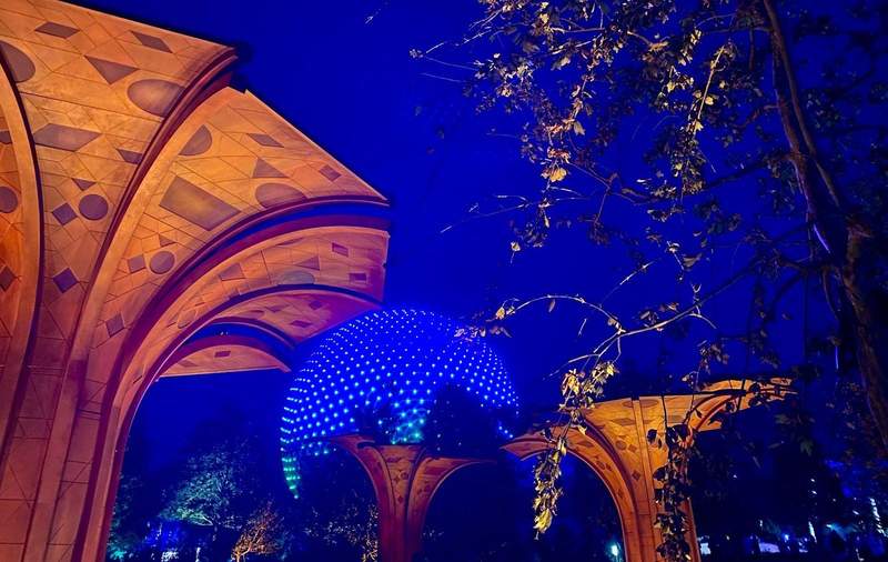 Epcot Spaceship Earth illuminated at night