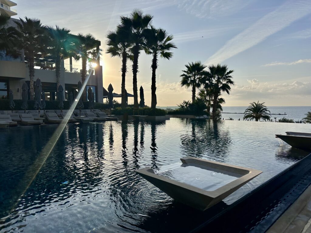Morning view of the Amara resort outdoor swimming pool near Limassol, Cyprus.