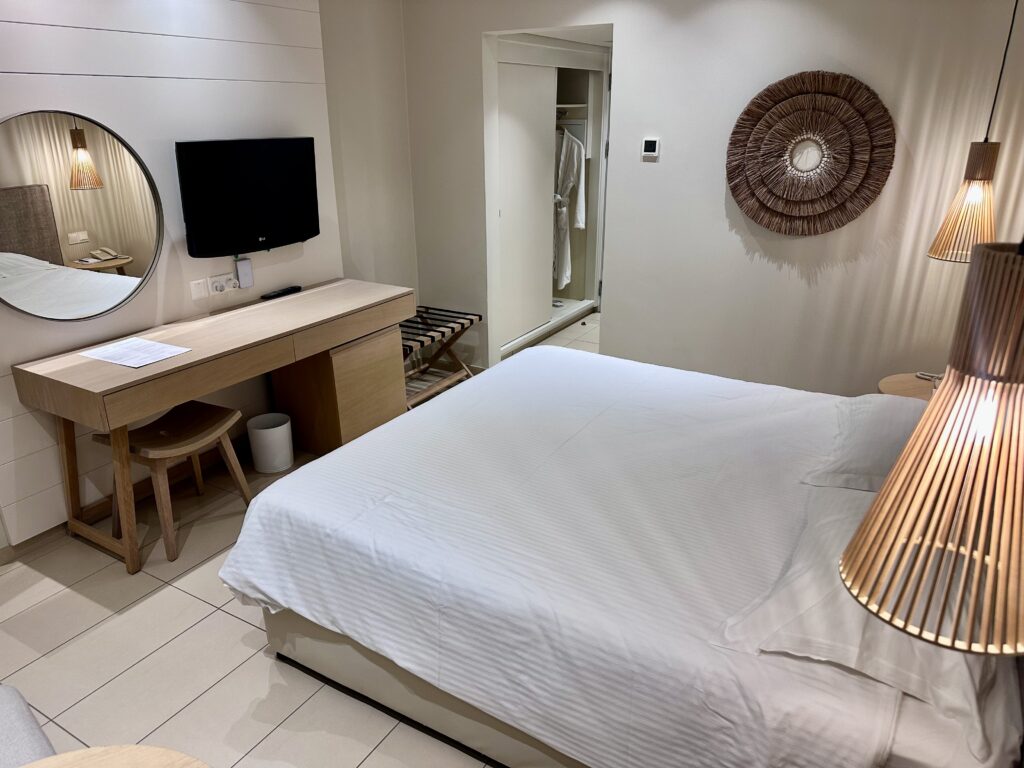 Coastal minimal interior of Nissi Beach hotel room in Cyprus