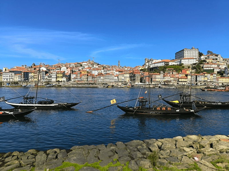Historic port boats on the Douro River in Vila Nova de Gaia