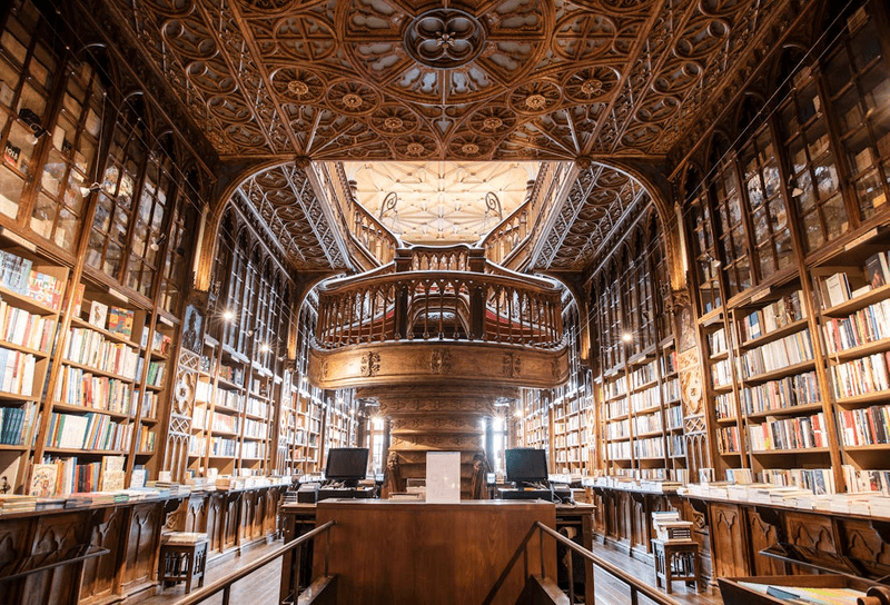Interior of Livraria Lello bookshop in Porto.