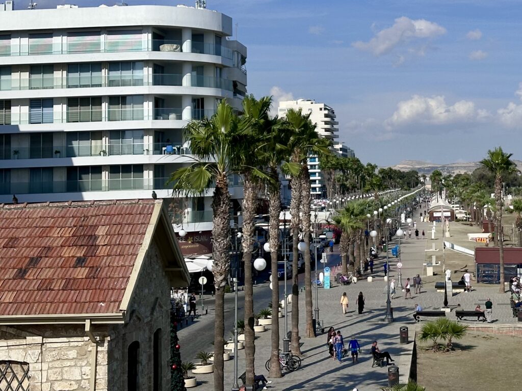 View of the palm tree promenade in Larnaca as viewed from the bastion of the city's medieval fort in Cyprus.