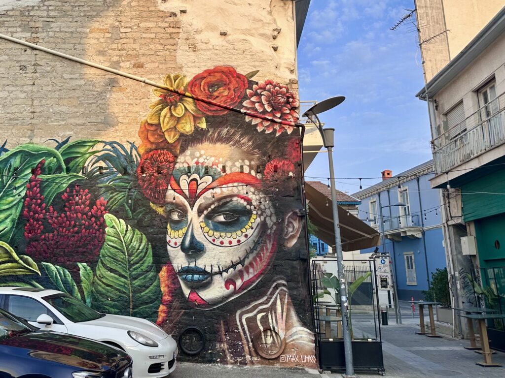 Vibrant Dia de los Muertos style mural in downtown Limassol, a port city in Cyprus