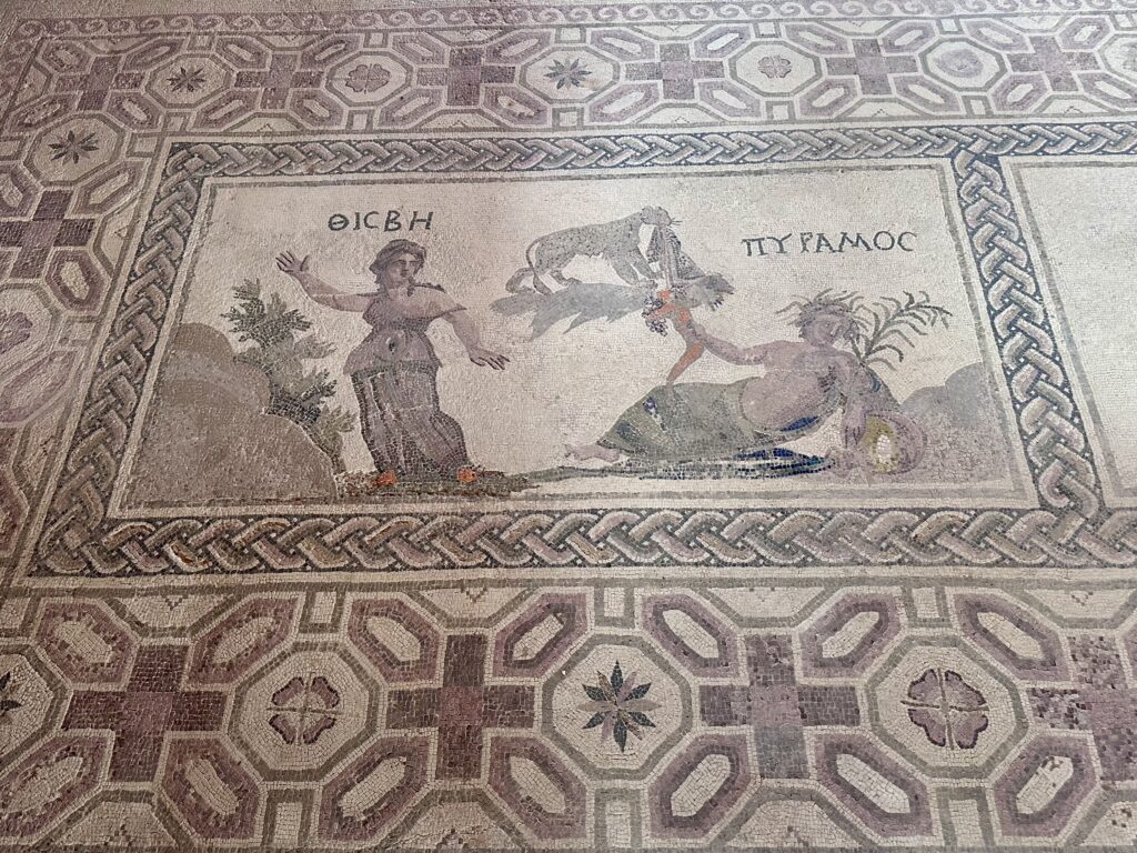 Ancient Roman mosaic floor tiles at the UNESCO World Heritage Site in Paphos, Cyprus.