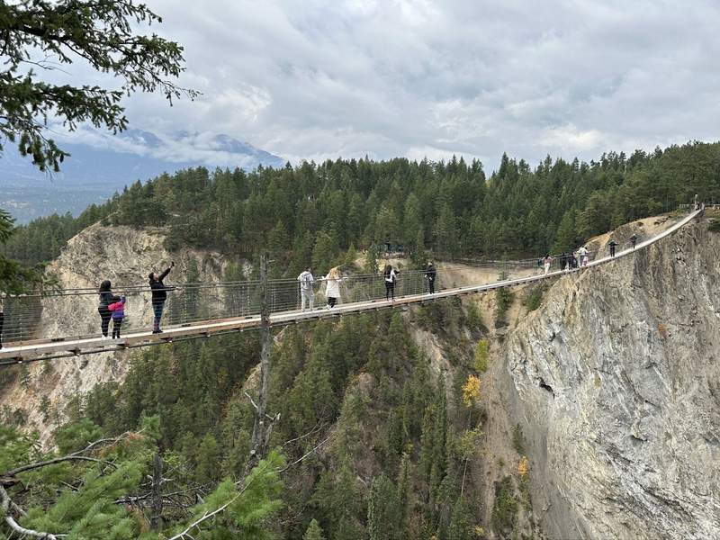 People walking across a suspension bridge.