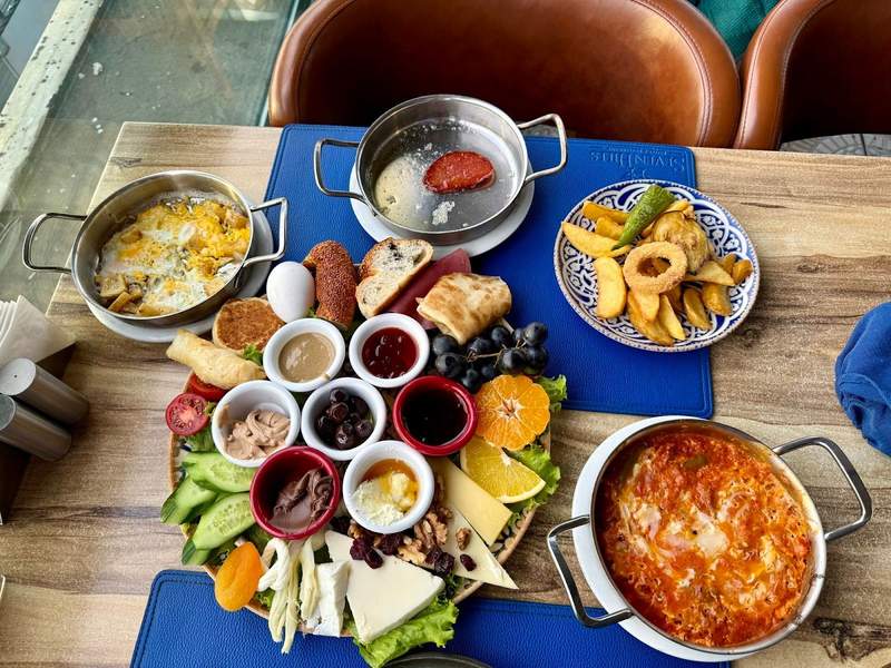A pleasantly arrayed of dishes for a Turkish breakfast 