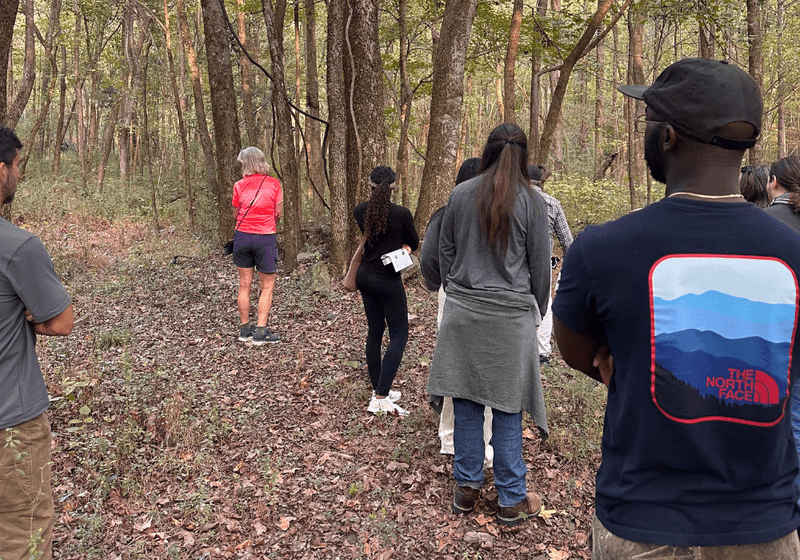 Group of people exploring remnants of mining communities in Red Mountain Park. 